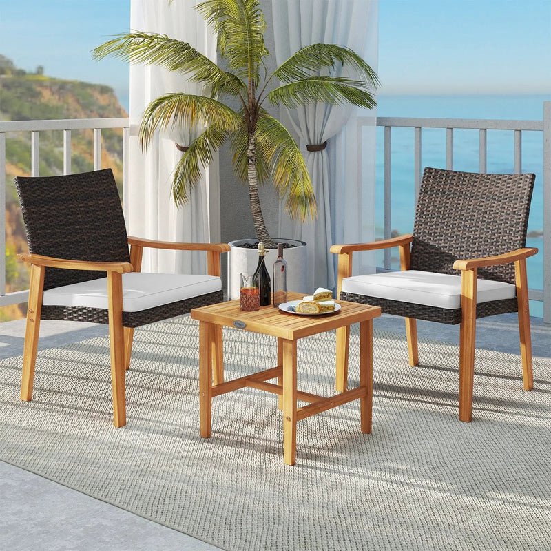 3 Pieces Patio PE Wicker Furniture Set Acacia Wood Outdoor Conversation Bistro Set-White by DirectDeals