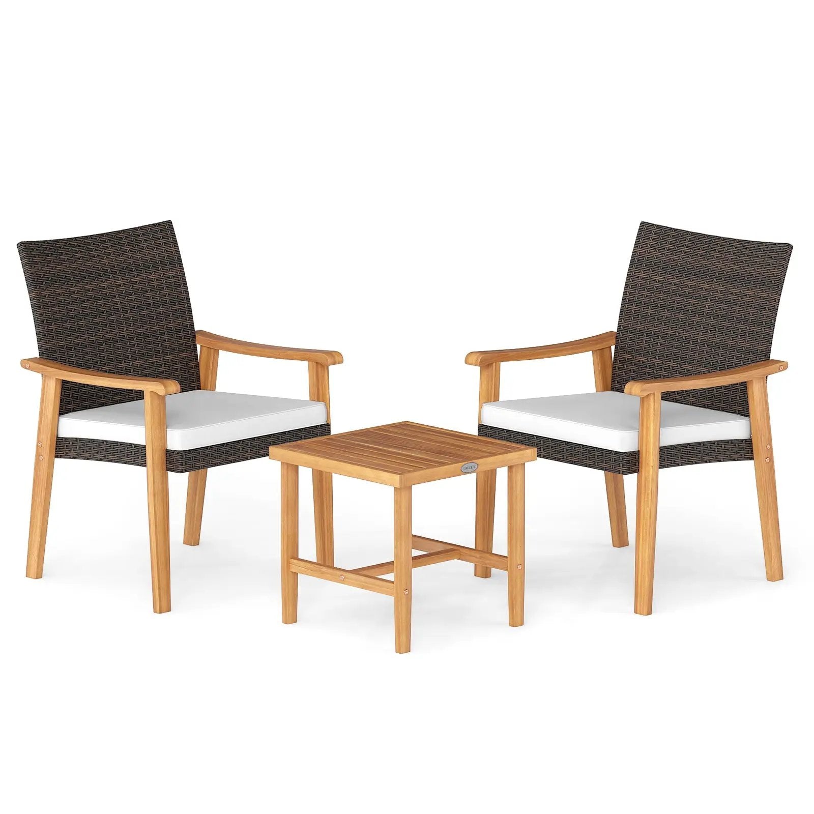 3 Pieces Patio PE Wicker Furniture Set Acacia Wood Outdoor Conversation Bistro Set-White by DirectDeals