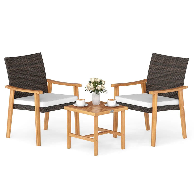 3 Pieces Patio PE Wicker Furniture Set Acacia Wood Outdoor Conversation Bistro Set-White by DirectDeals