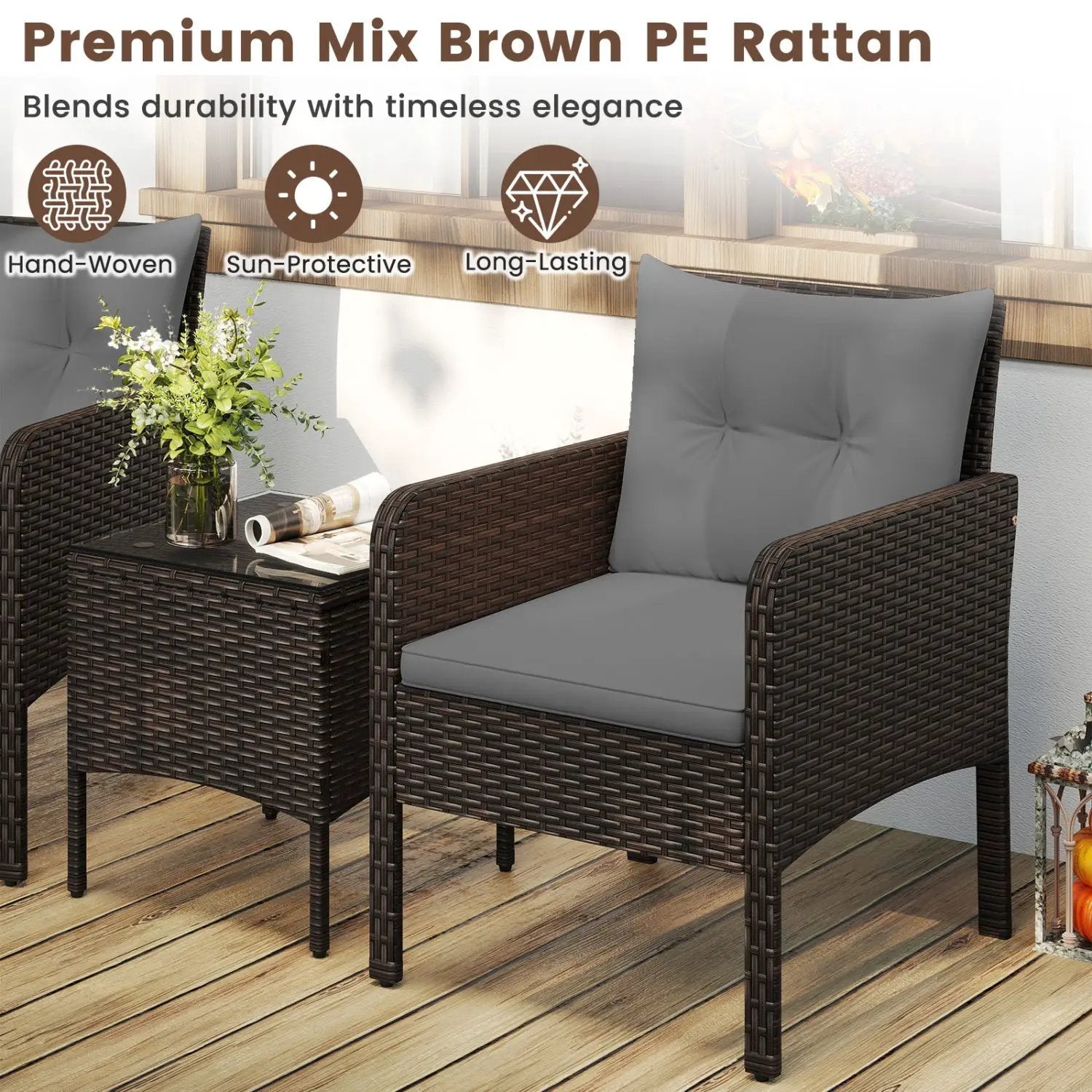 3 Pieces Patio PE Wicker Furniture Set with Cushions for Porch and Balcony by DirectDeals