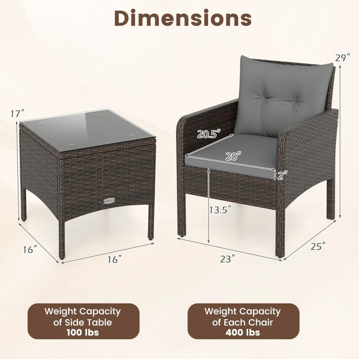 3 Pieces Patio PE Wicker Furniture Set with Cushions for Porch and Balcony, photo 9 of 16
