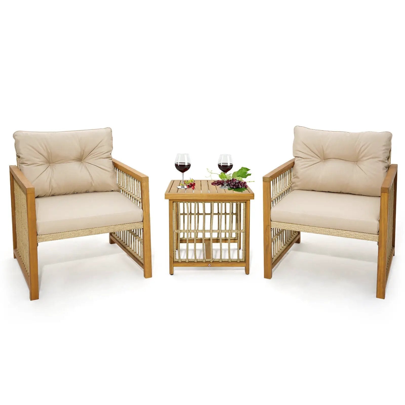 3 Pieces Patio PE Wicker Conversation Set with Acacia Wood Frame and Cushions-Beige by DirectDeals