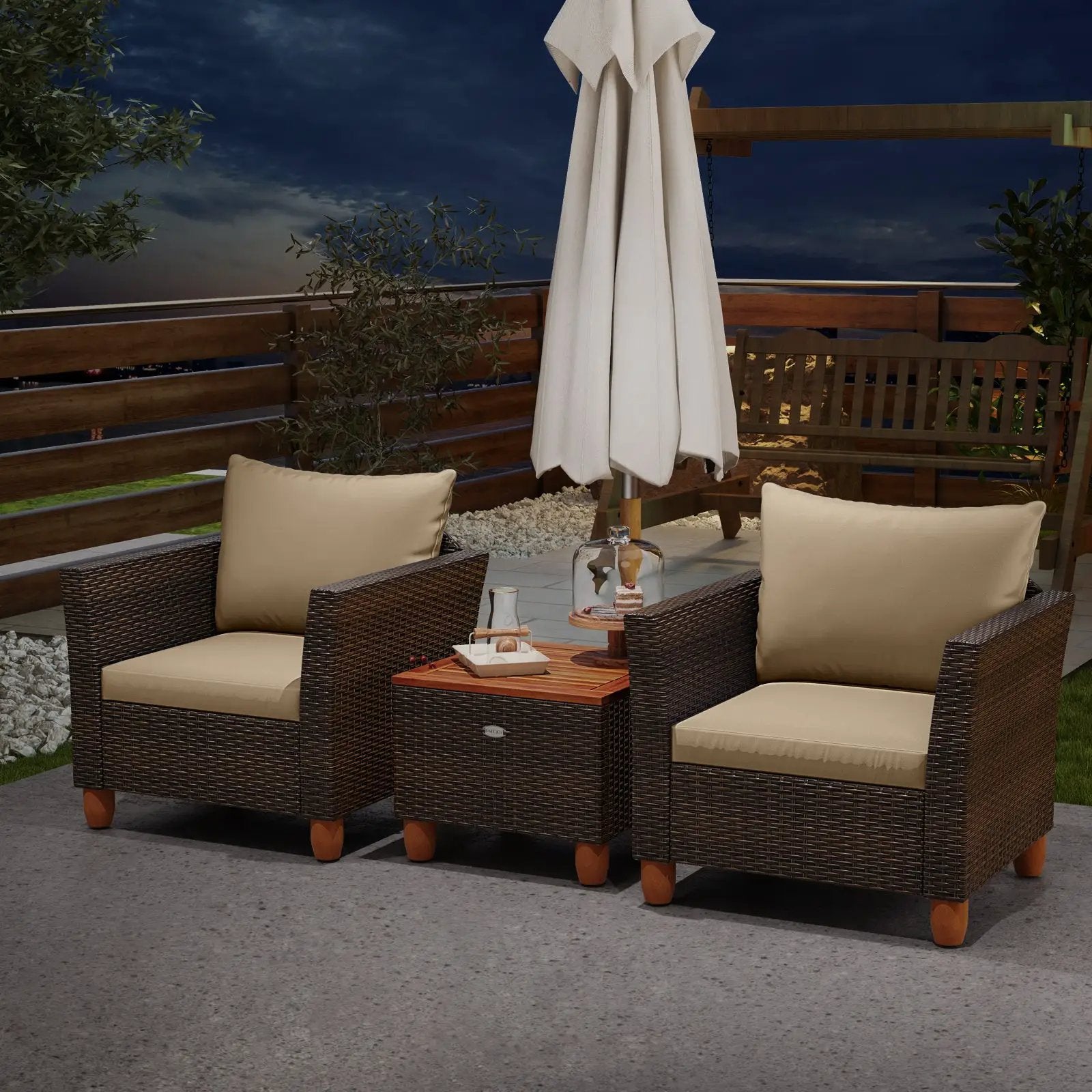 3 Pieces Patio Rattan Bistro Furniture Set with Wooden Table Top by DirectDeals