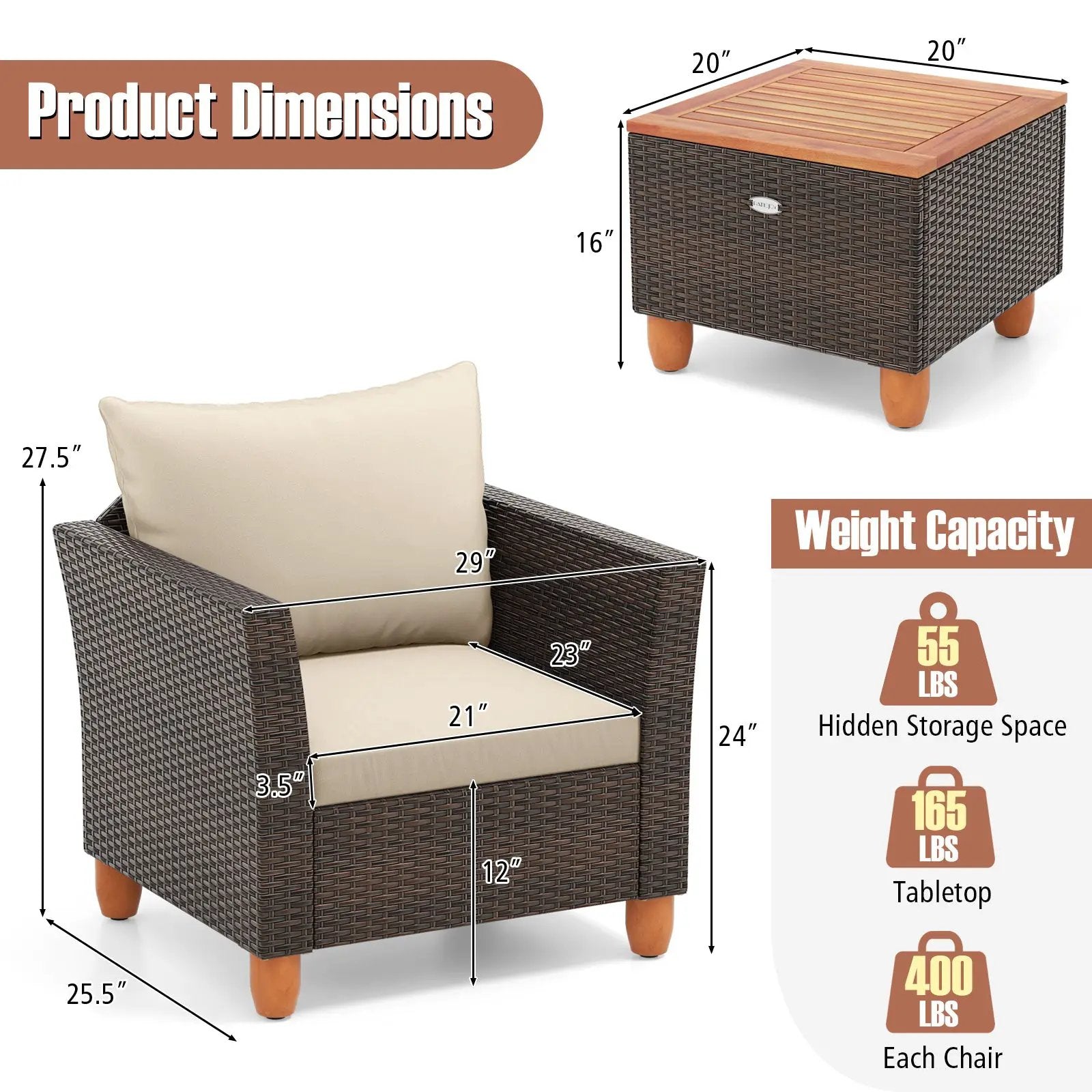 3 Pieces Patio Rattan Bistro Furniture Set with Wooden Table Top by DirectDeals