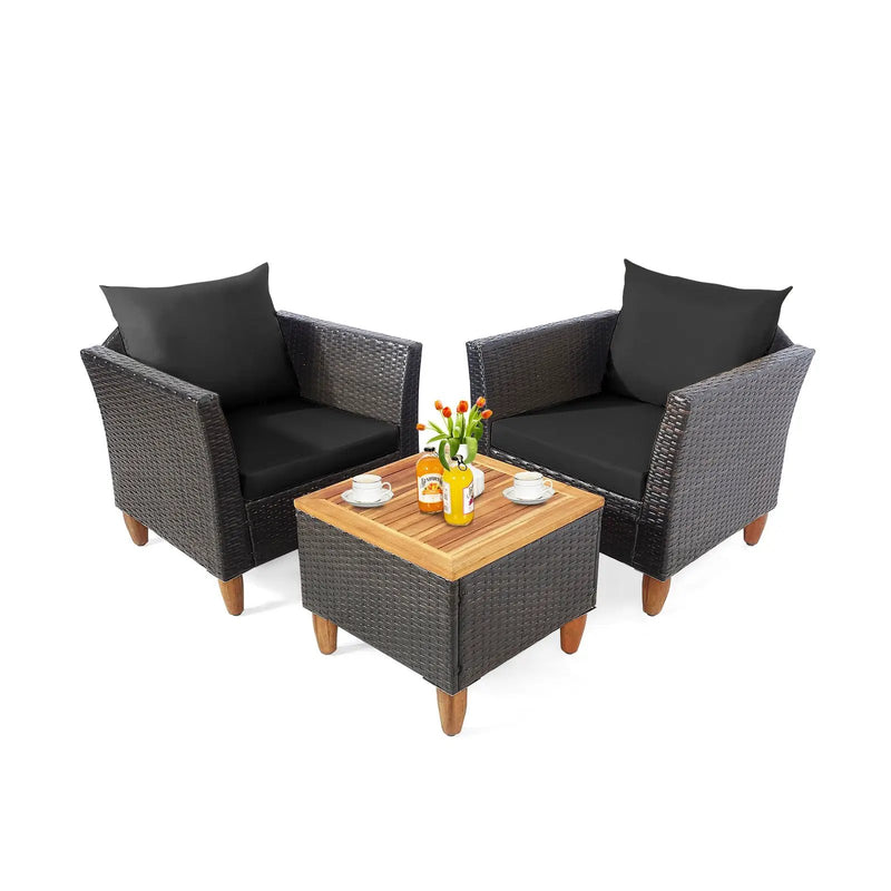 3 Pieces Patio Rattan Bistro Furniture Set with Wooden Table Top by DirectDeals