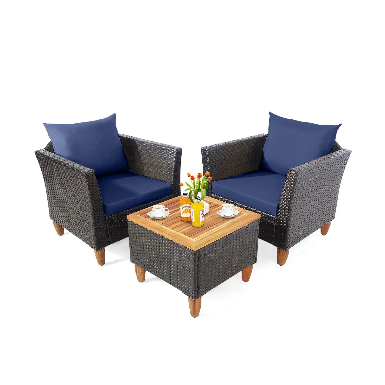 3 Pieces Patio Rattan Bistro Furniture Set with Wooden Table Top by DirectDeals