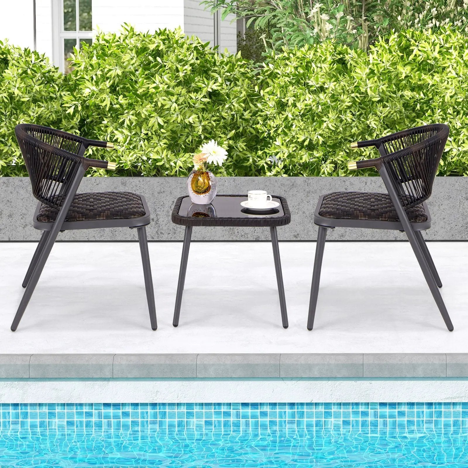 3 Pieces Patio Rattan Furniture Set for Backyard Poolside-Brown and Black by DirectDeals