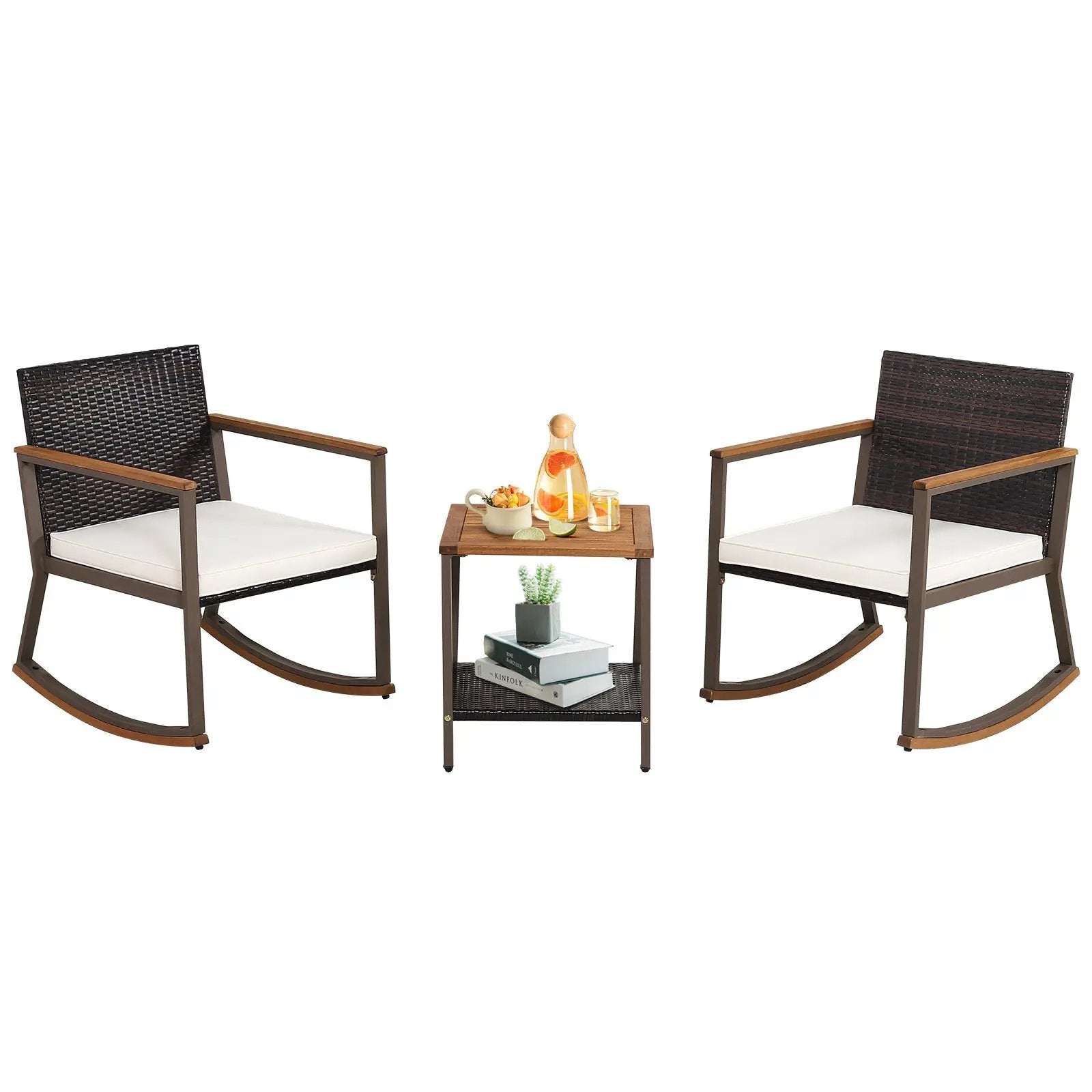 3 Pieces Rattan Rocking Bistro Set with Coffee Table and Cushions by DirectDeals