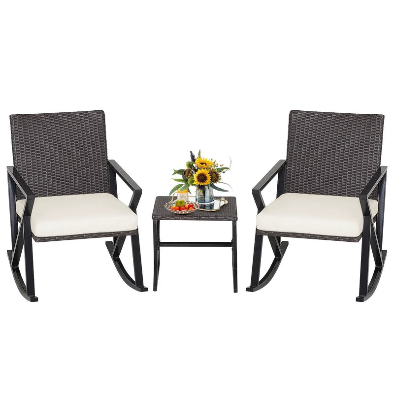 3 Piece Patio Wicker Rocking Chairs Set with Heavy-Duty Metal Frame by DirectDeals