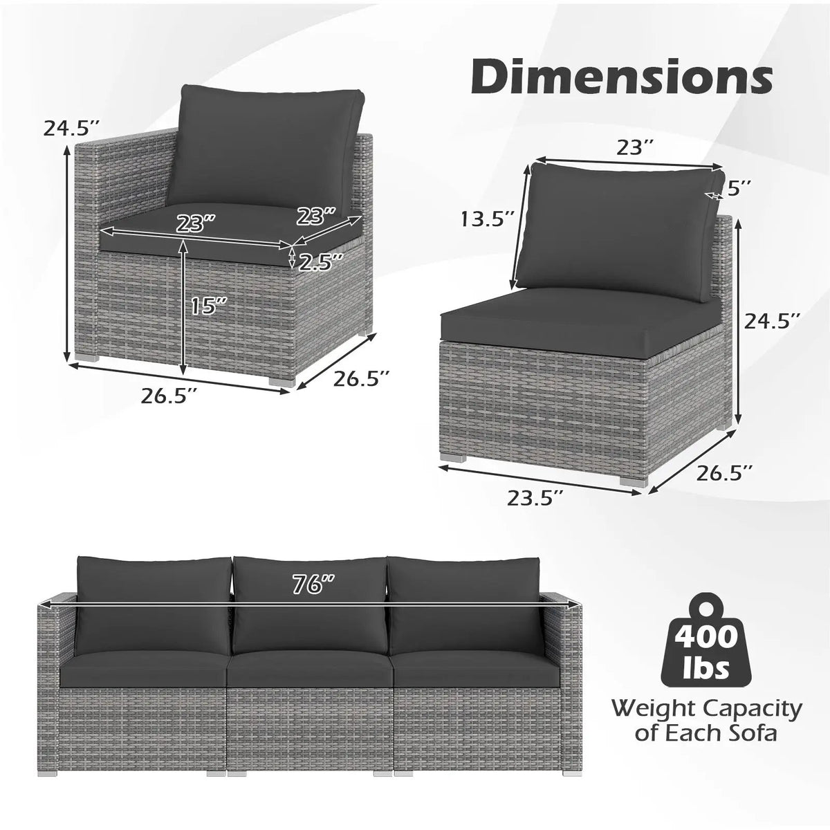 3 Pieces Patio Sectional Sofa Set PE Rattan Modular Couch Furniture Set with Soft Cushions, photo 15 of 24