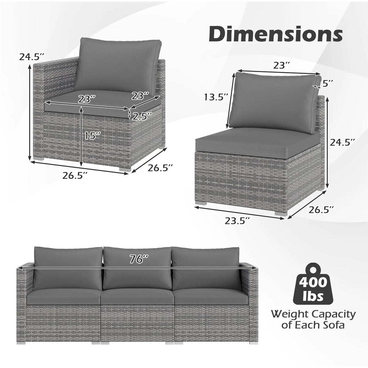 3 Pieces Patio Sectional Sofa Set PE Rattan Modular Couch Furniture Set with Soft Cushions, photo 13 of 24