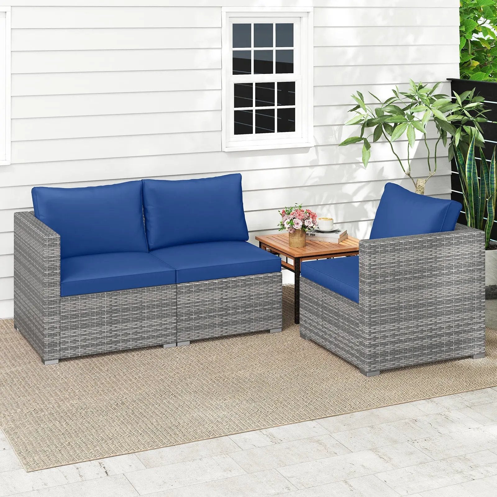 3 Pieces Patio Sectional Sofa Set PE Rattan Modular Couch Furniture Set with Soft Cushions by DirectDeals