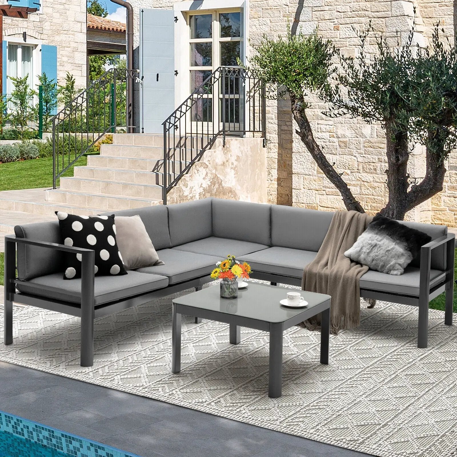 3 Pieces Aluminum Patio Furniture Set with 6-Level Adjustable Backrest-Gray by DirectDeals