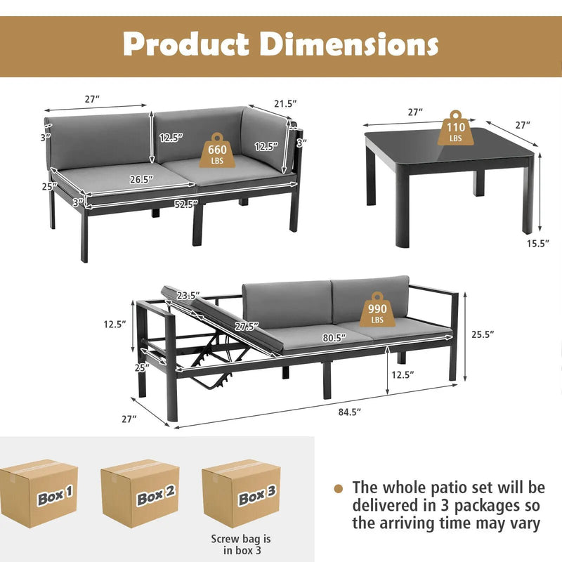 3 Pieces Aluminum Patio Furniture Set with 6-Level Adjustable Backrest-Gray by DirectDeals