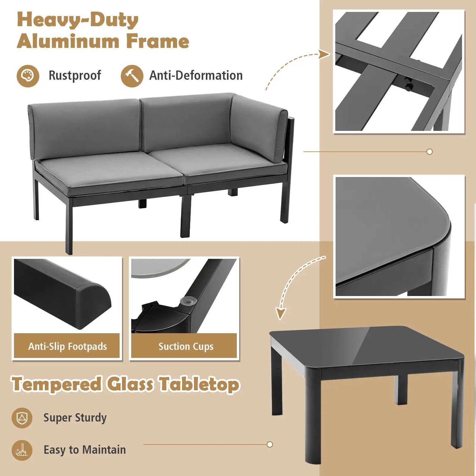 3 Pieces Aluminum Patio Furniture Set with 6-Level Adjustable Backrest-Gray by DirectDeals