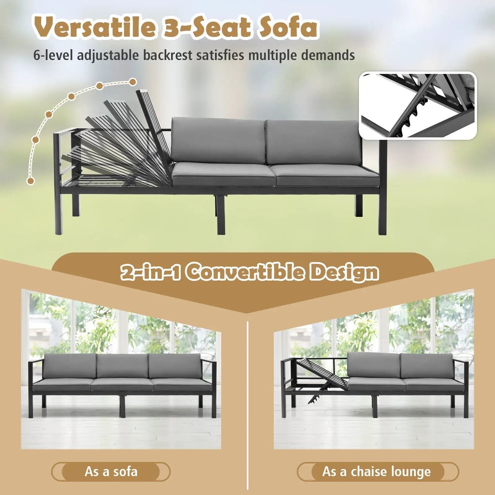 3 Pieces Aluminum Patio Furniture Set with 6-Level Adjustable Backrest-Gray by DirectDeals