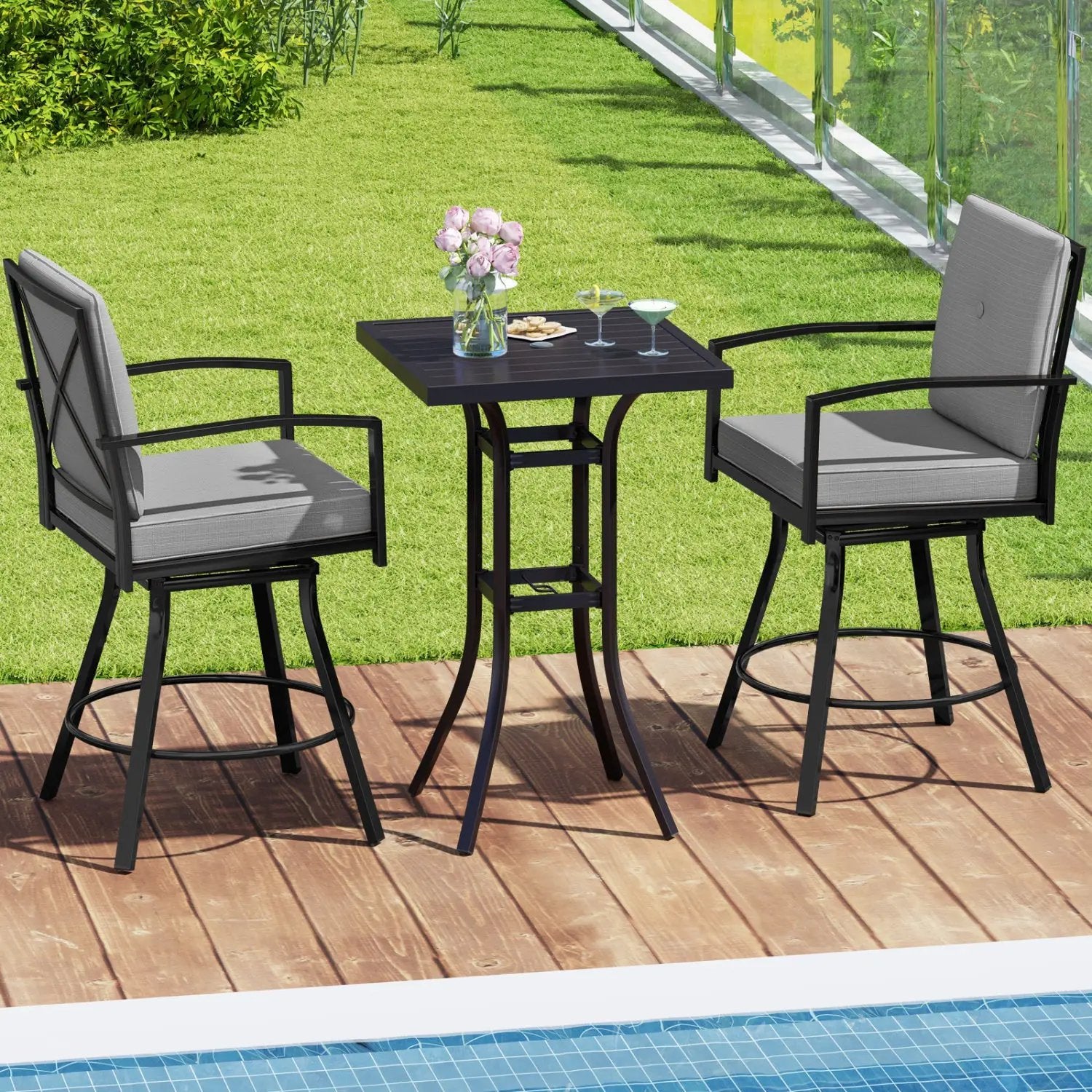 3-Piece Patio Swivel Bar Set with Cushions & Umbrella Hole by DirectDeals