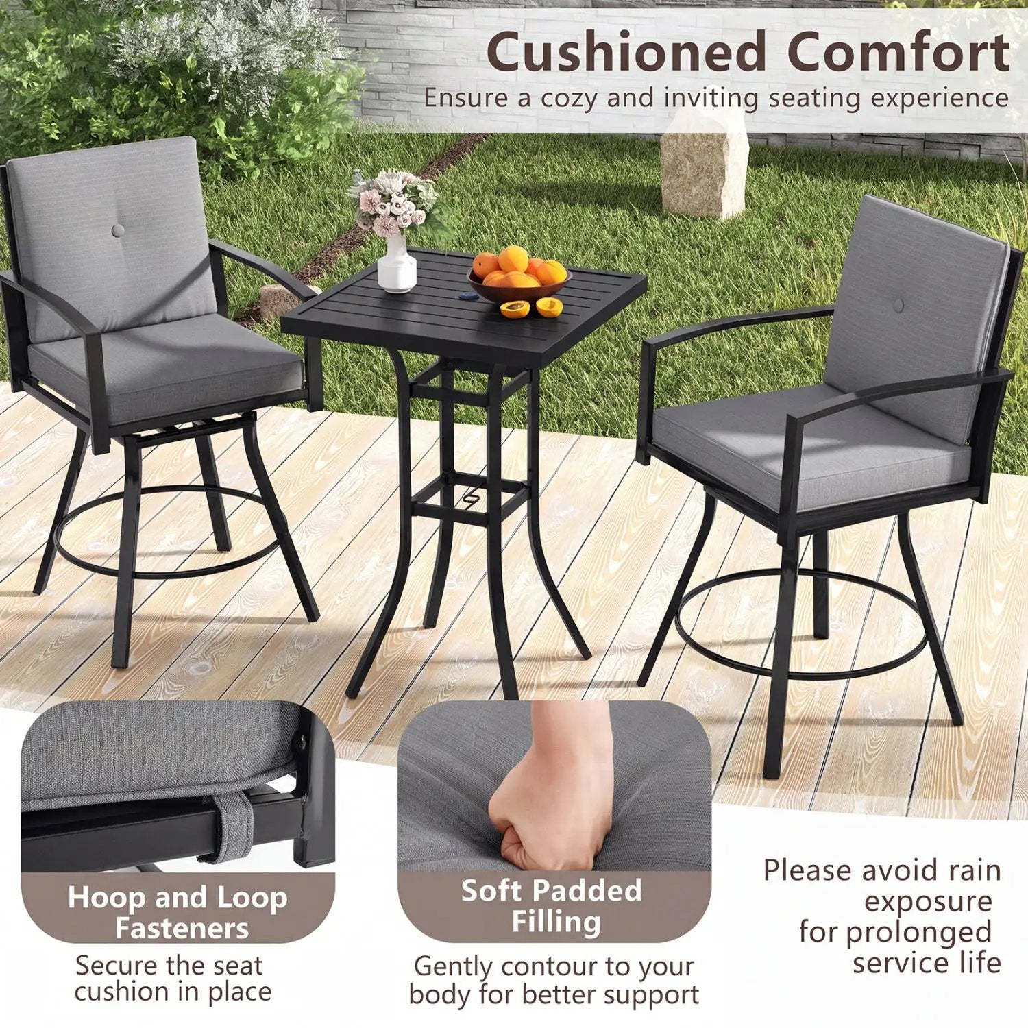 3-Piece Patio Swivel Bar Set with Cushions & Umbrella Hole by DirectDeals