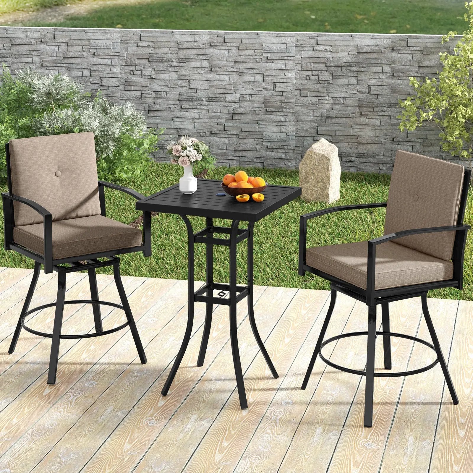 3 Pieces Patio Swivel Bar Set with Soft Cushions and Umbrella Hole-Brown by DirectDeals
