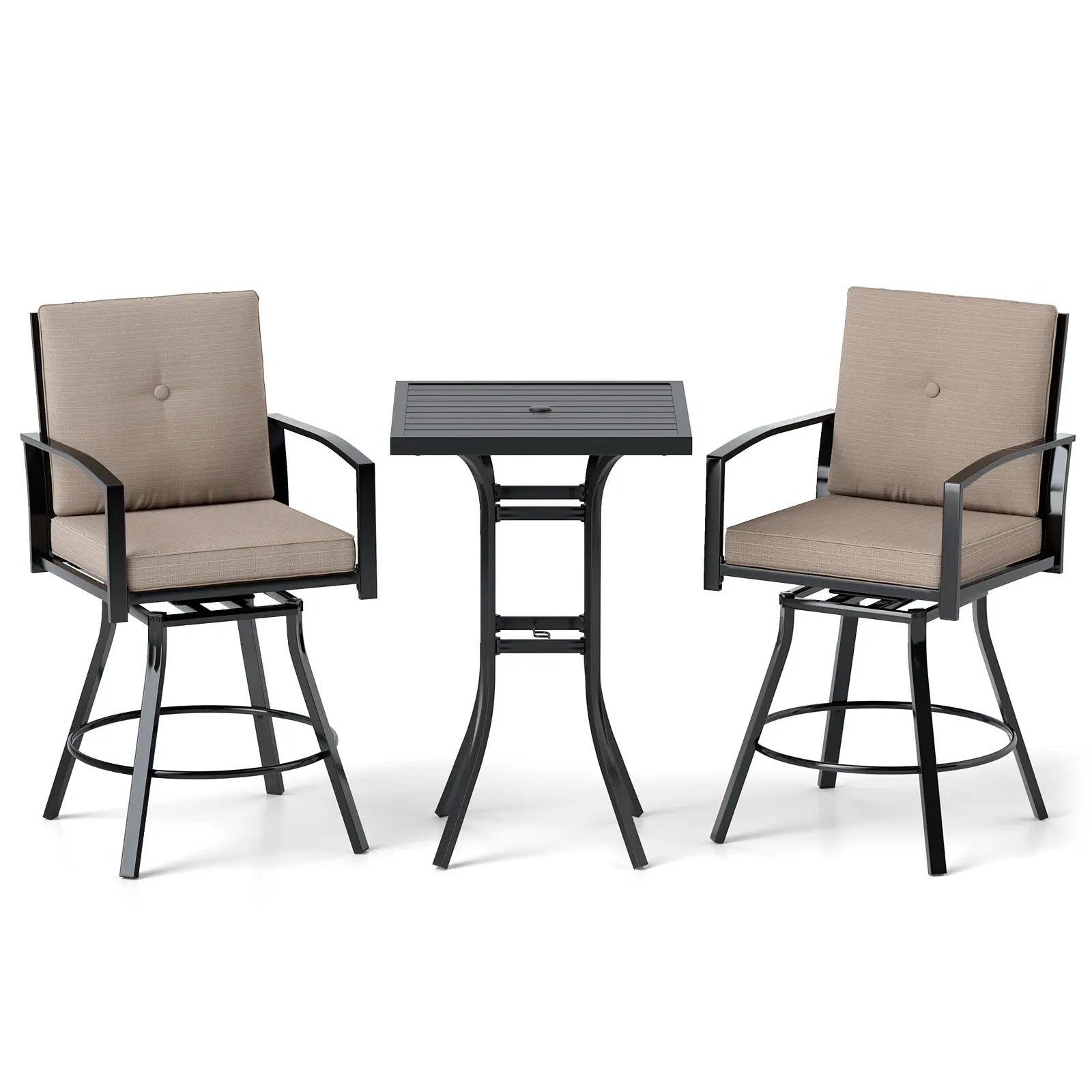 3 Pieces Patio Swivel Bar Set with Soft Cushions and Umbrella Hole-Brown by DirectDeals