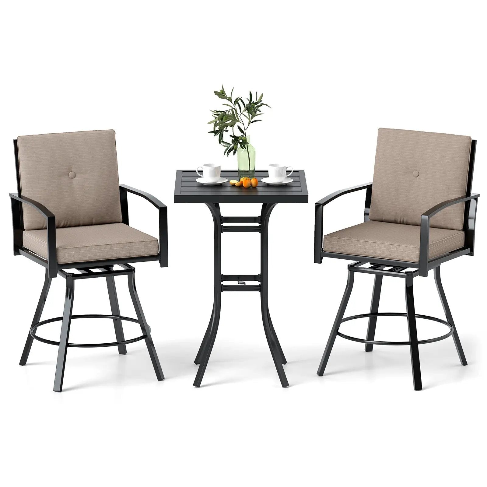 3 Pieces Patio Swivel Bar Set with Soft Cushions and Umbrella Hole-Brown by DirectDeals