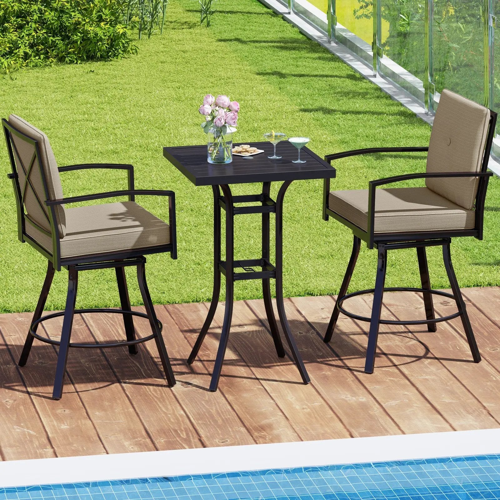 3 Pieces Patio Swivel Bar Set with Soft Cushions and Umbrella Hole-Brown by DirectDeals