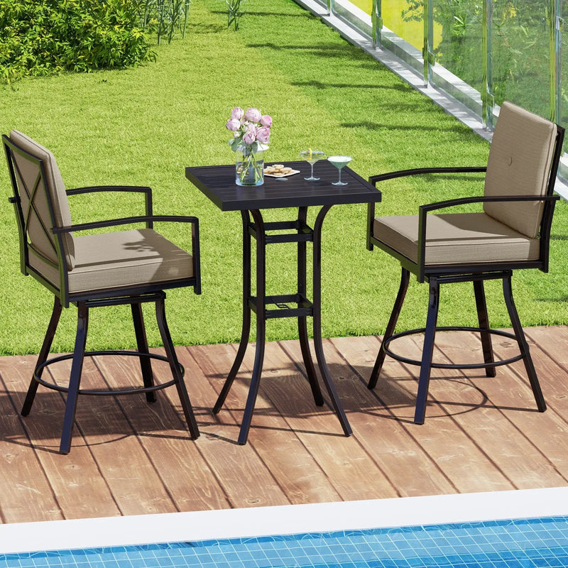 3 Pieces Patio Swivel Bar Set with Soft Cushions and Umbrella Hole-Brown by DirectDeals