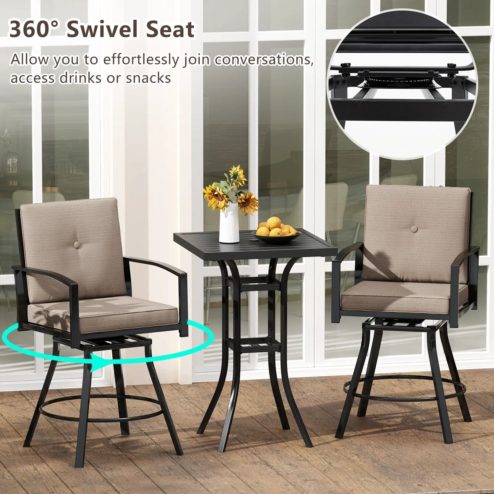 3 Pieces Patio Swivel Bar Set with Soft Cushions and Umbrella Hole-Brown by DirectDeals