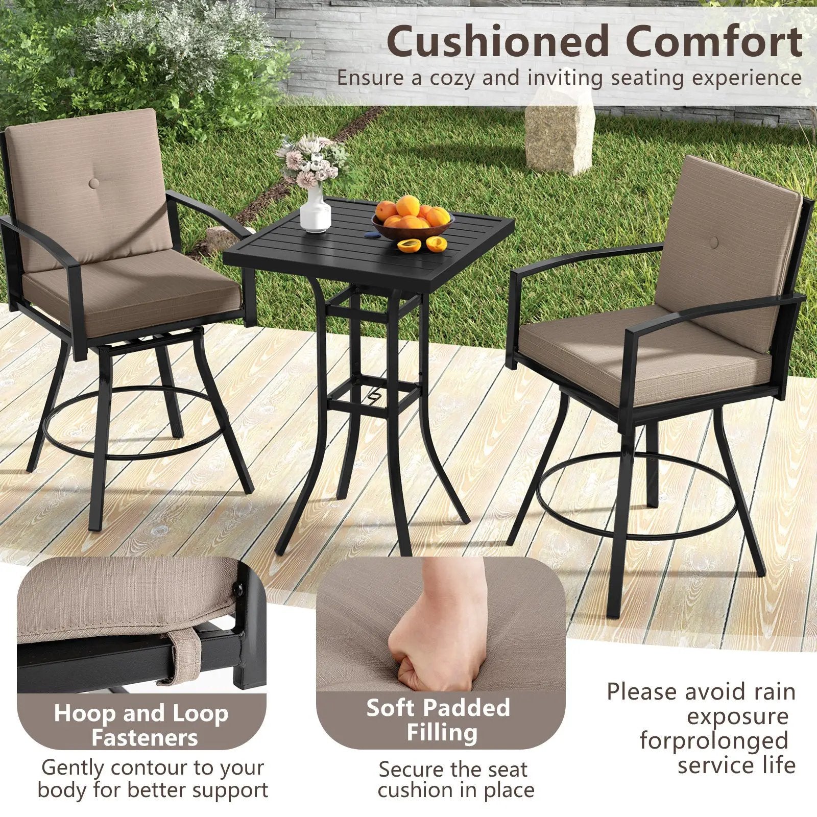 3 Pieces Patio Swivel Bar Set with Soft Cushions and Umbrella Hole-Brown by DirectDeals
