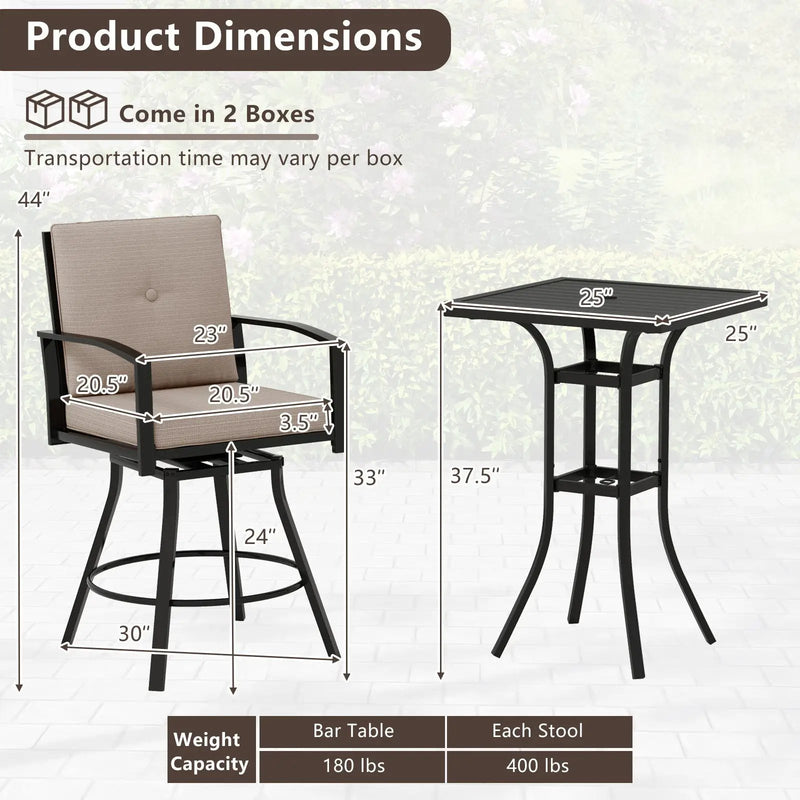 3 Pieces Patio Swivel Bar Set with Soft Cushions and Umbrella Hole-Brown by DirectDeals