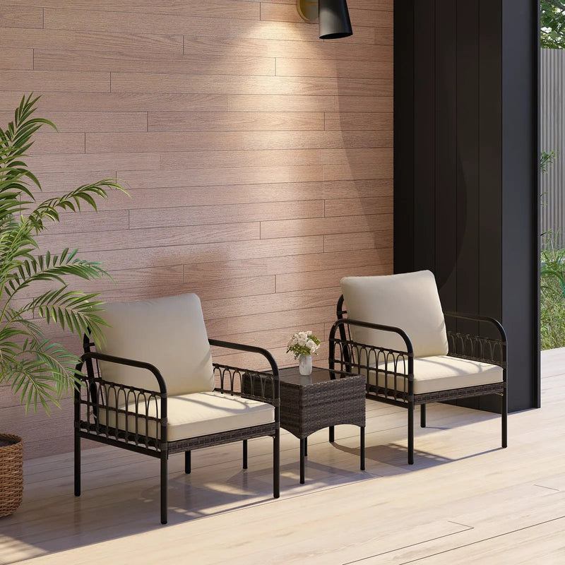 3 Pieces Patio Wicker Conversation Set with Cushions and Tempered Glass Coffee Table-Beige by DirectDeals