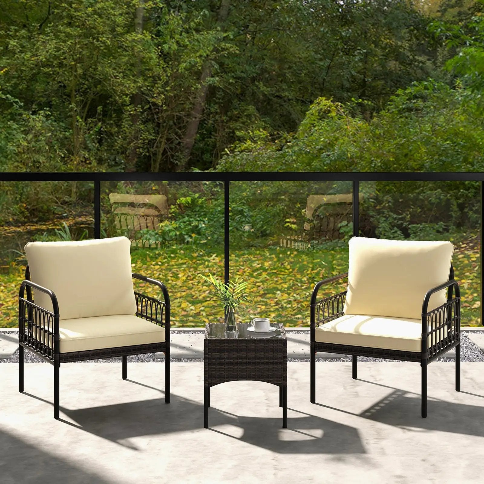 3 Pieces Patio Wicker Conversation Set with Cushions and Tempered Glass Coffee Table-Beige by DirectDeals