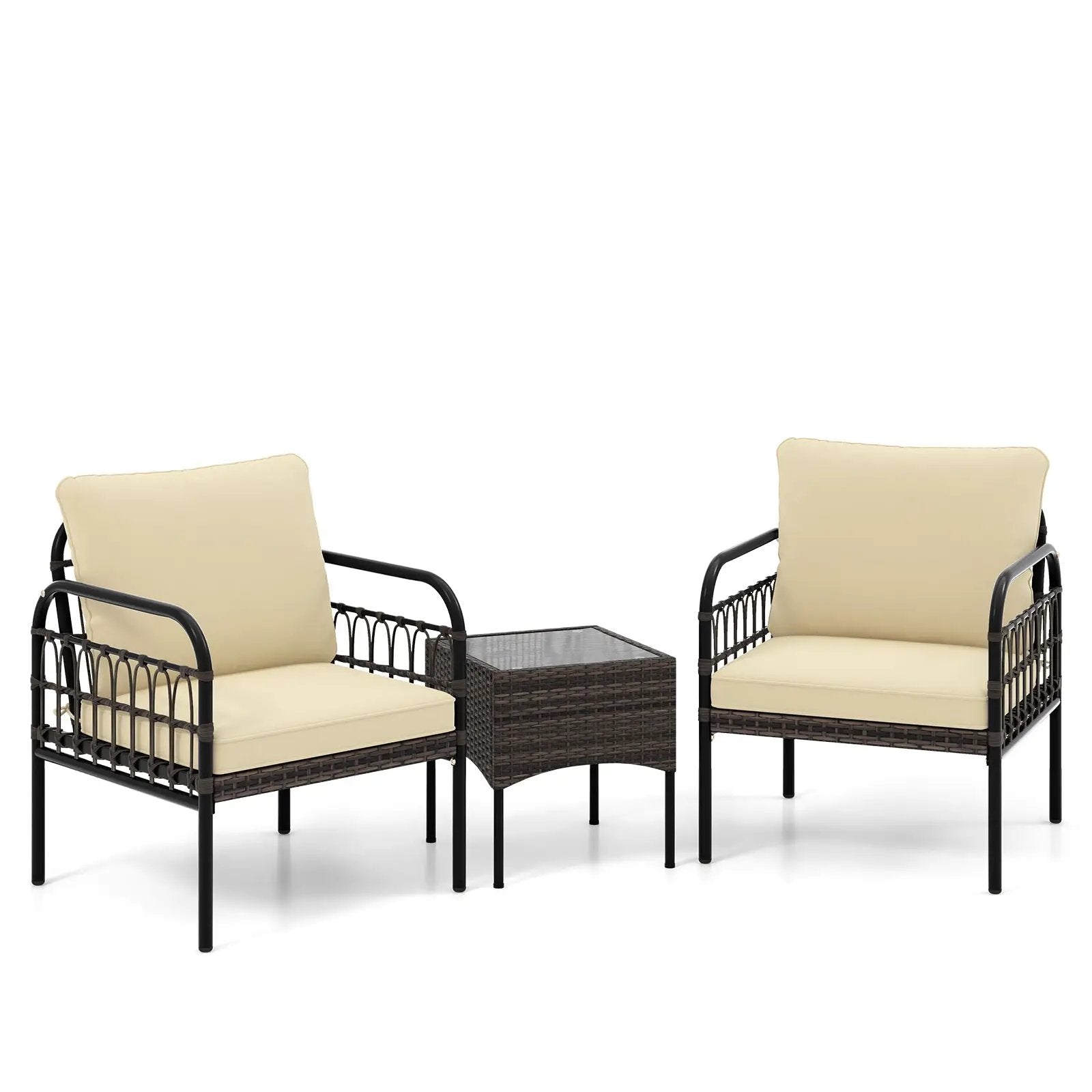 3 Pieces Patio Wicker Conversation Set with Cushions and Tempered Glass Coffee Table-Beige by DirectDeals