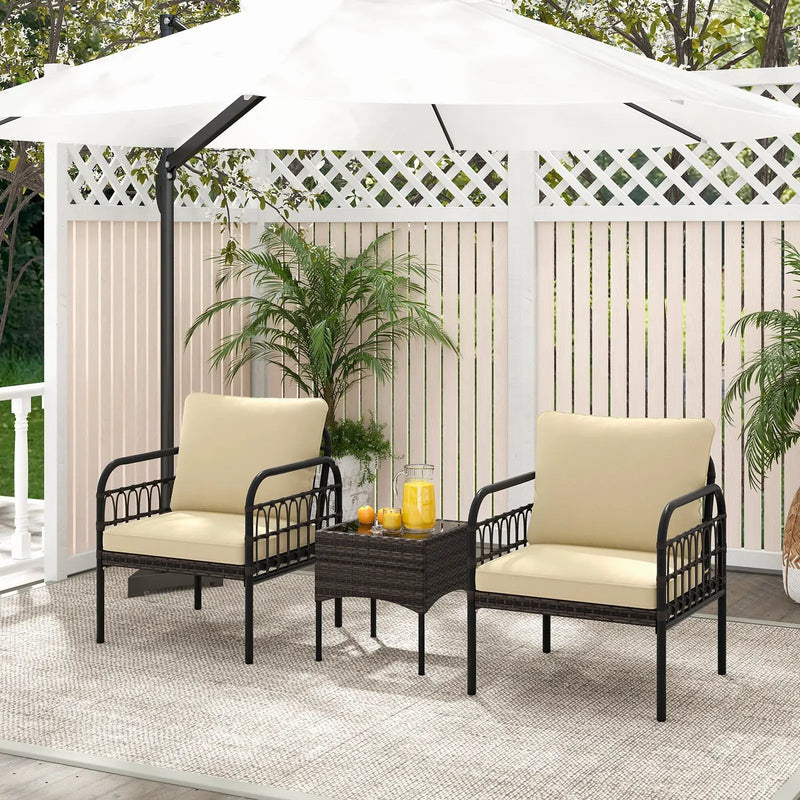 3 Pieces Patio Wicker Conversation Set with Cushions and Tempered Glass Coffee Table-Beige by DirectDeals