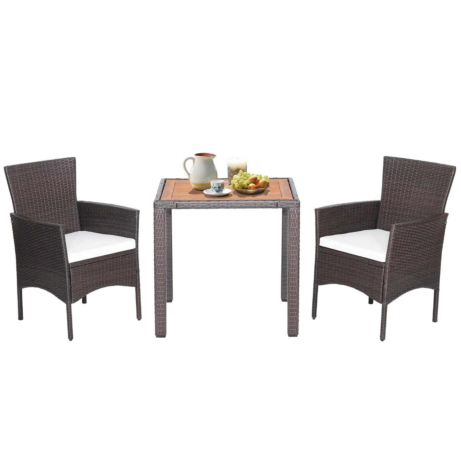 3 Pieces Patio Wicker Furniture Set wih Acacia Wood Table Top and Chair Cushiones by DirectDeals