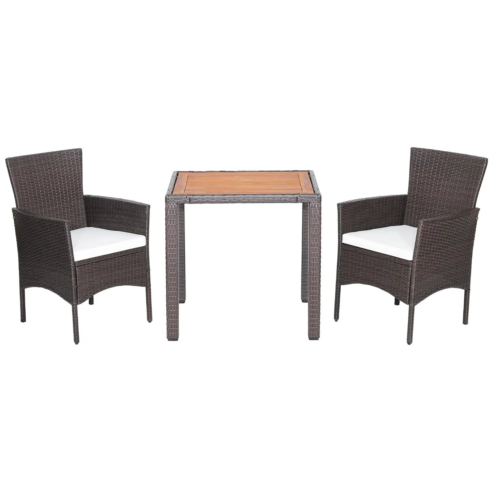 3 Pieces Patio Wicker Furniture Set wih Acacia Wood Table Top and Chair Cushiones by DirectDeals