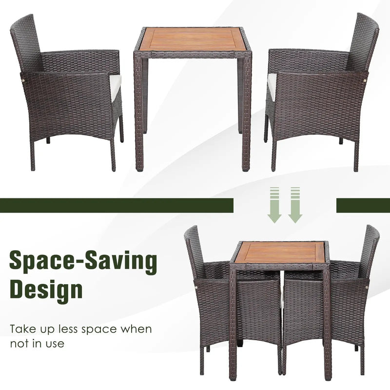 3 Pieces Patio Wicker Furniture Set wih Acacia Wood Table Top and Chair Cushiones by DirectDeals