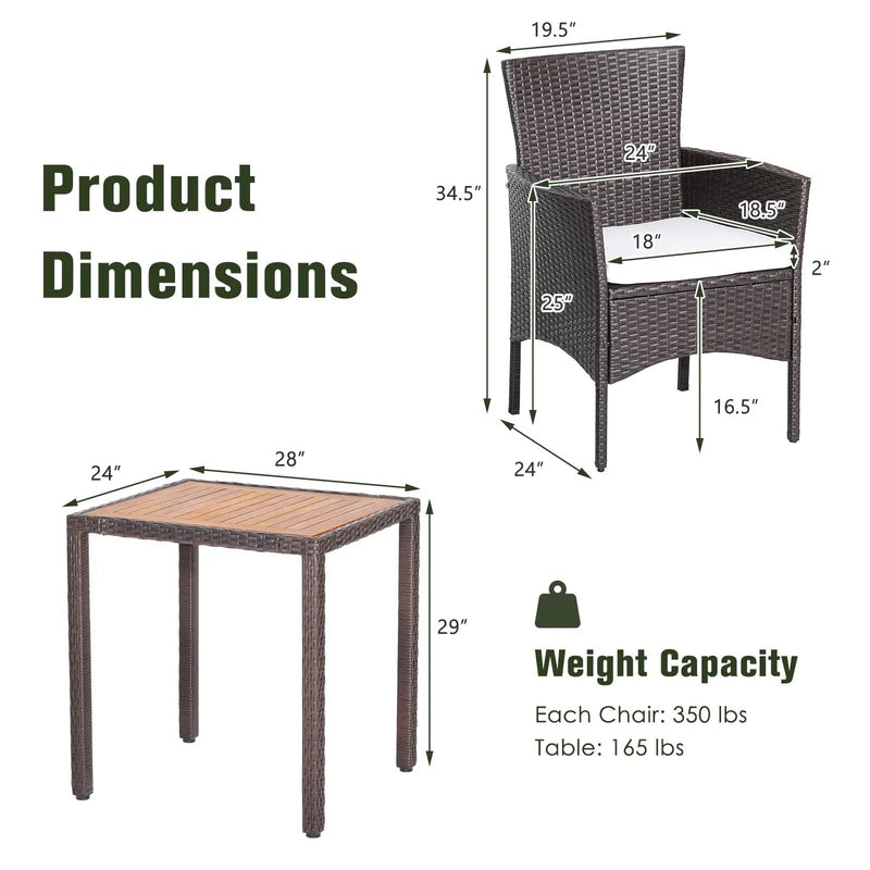 3 Pieces Patio Wicker Furniture Set wih Acacia Wood Table Top and Chair Cushiones by DirectDeals