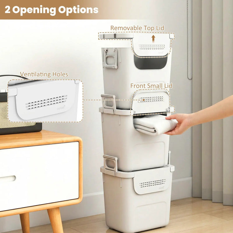 3 Pieces Plastic Storage Bins Stackable with Front Door and Side Handles-White by DirectDeals