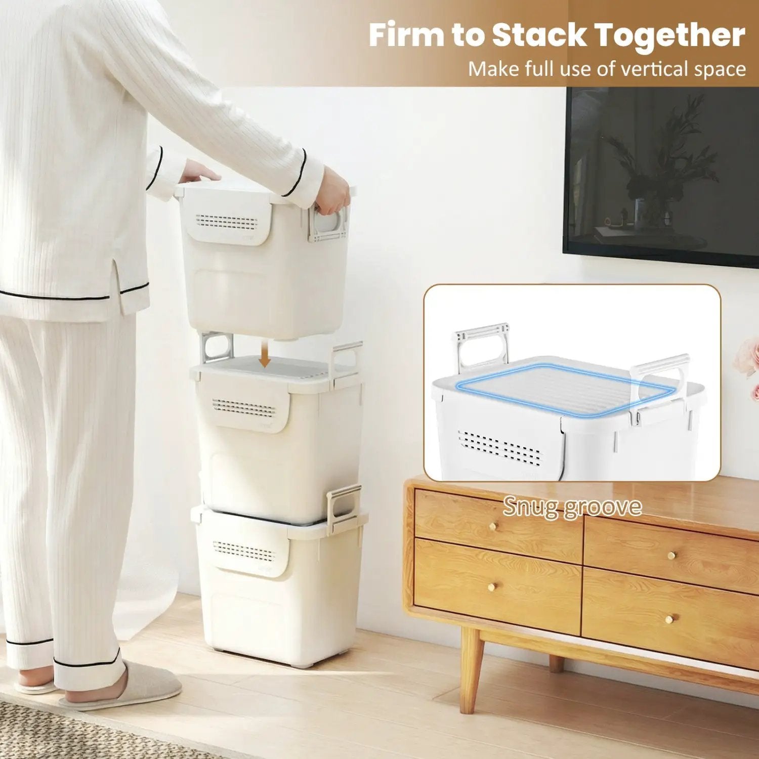 3 Pieces Plastic Storage Bins Stackable with Front Door and Side Handles-White by DirectDeals