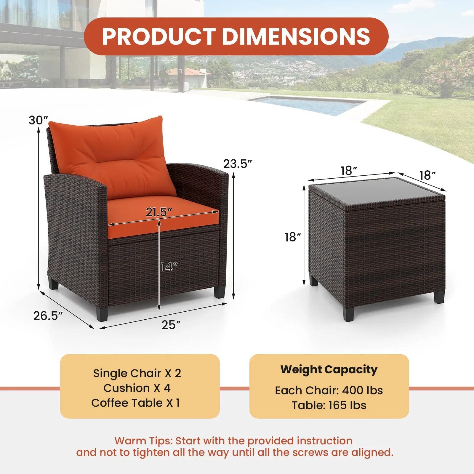 3 Pcs Patio Rattan Furniture Set Cushioned Conversation Set Coffee Table-Beige by DirectDeals
