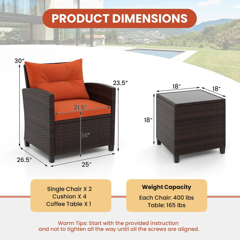 3 Pcs Patio Rattan Furniture Set Cushioned Conversation Set Coffee Table-Beige by DirectDeals