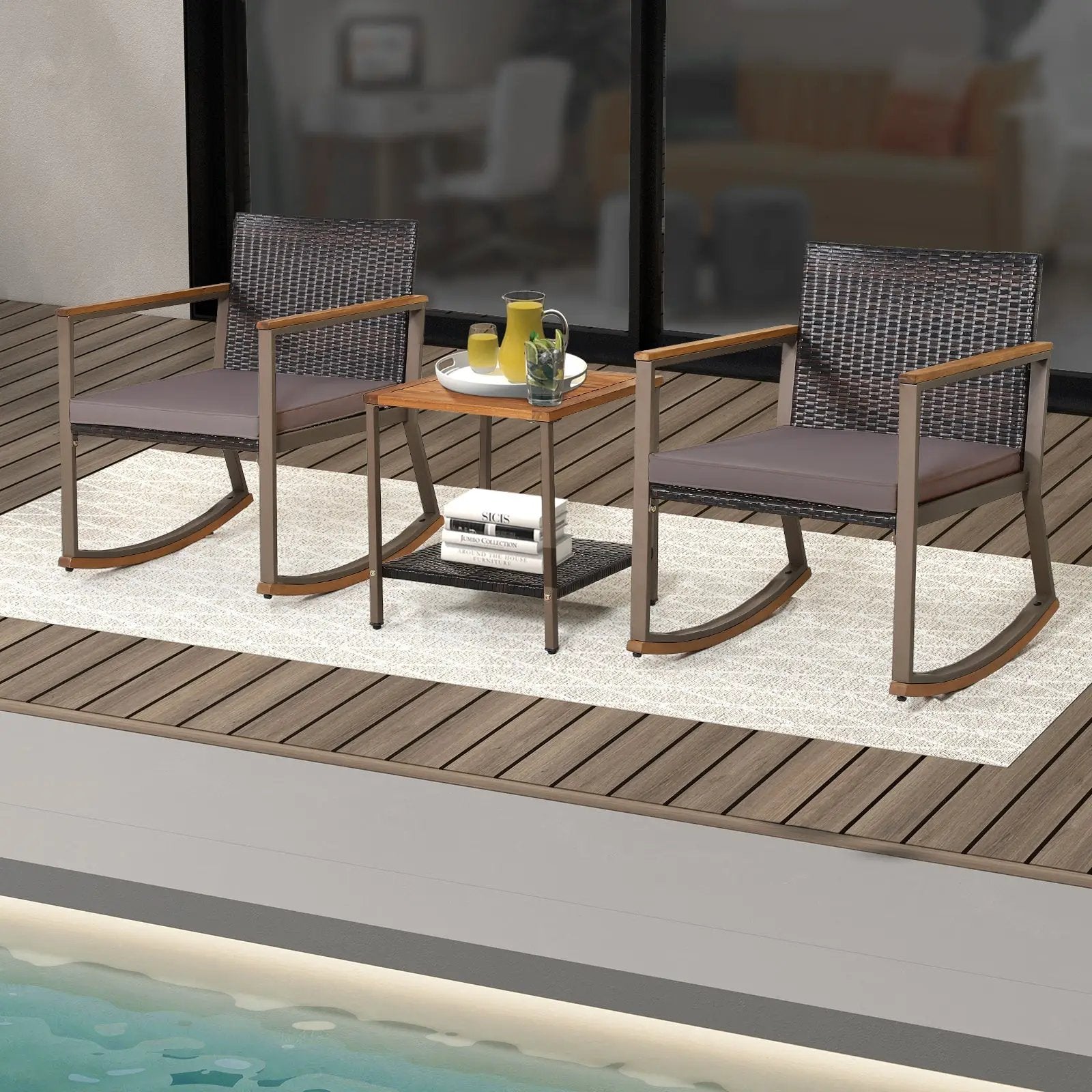 3 Pieces Rattan Rocking Bistro Set with Coffee Table and Cushions by DirectDeals