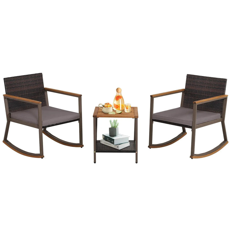 3 Pieces Rattan Rocking Bistro Set with Coffee Table and Cushions by DirectDeals