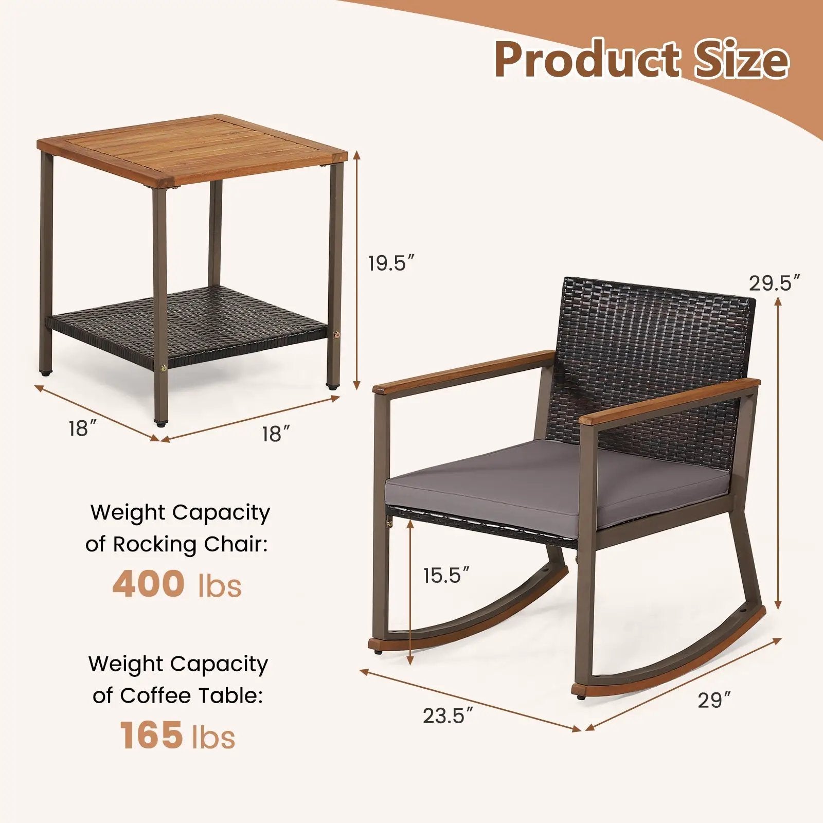 3 Pieces Rattan Rocking Bistro Set with Coffee Table and Cushions by DirectDeals
