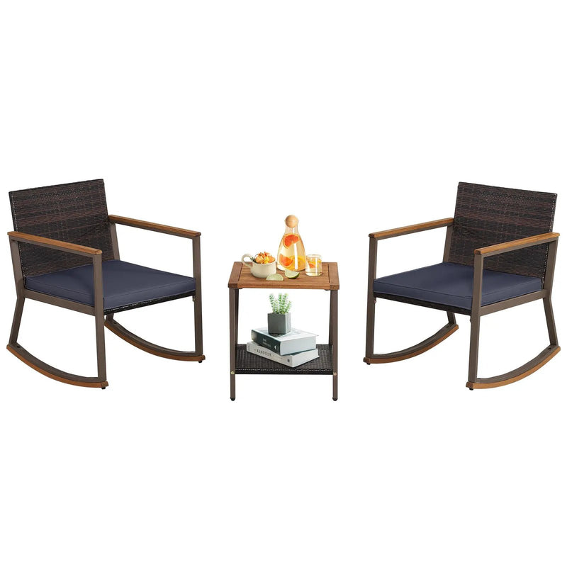 3 Pieces Rattan Rocking Bistro Set with Coffee Table and Cushions by DirectDeals