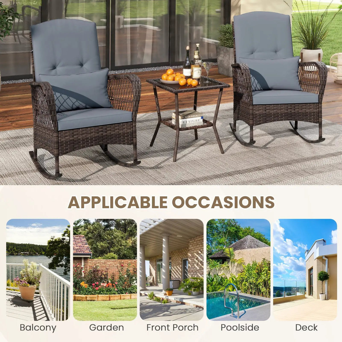 3 Pieces Rocking Bistro Set with 2-Tier Coffee Table, photo 5 of 32