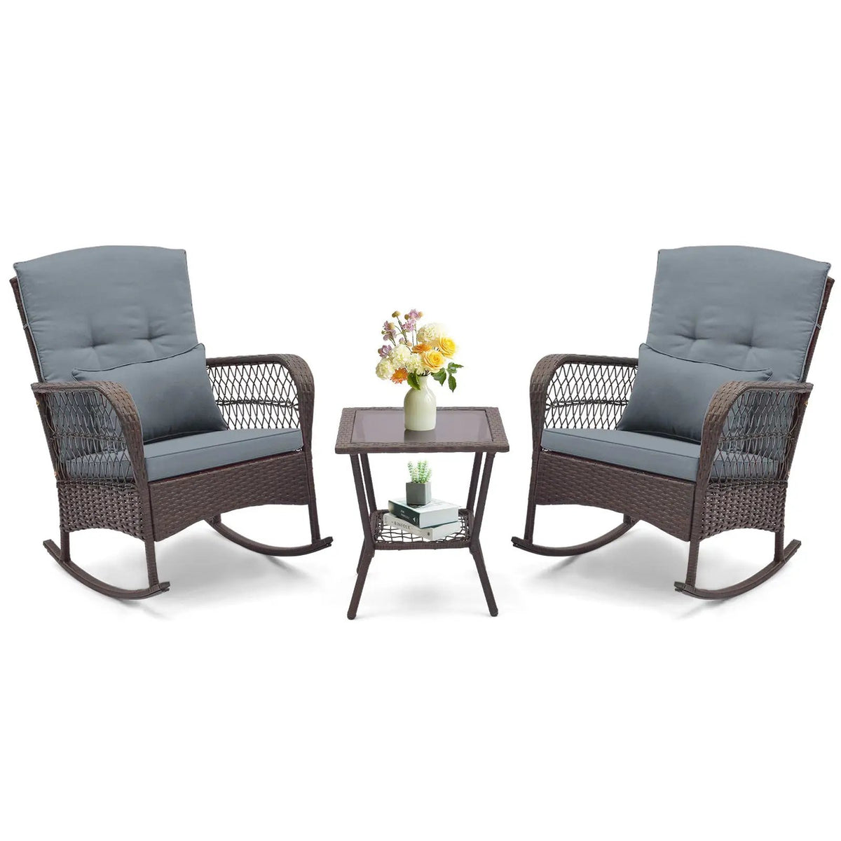 3 Pieces Rocking Bistro Set with 2-Tier Coffee Table, photo 9 of 32