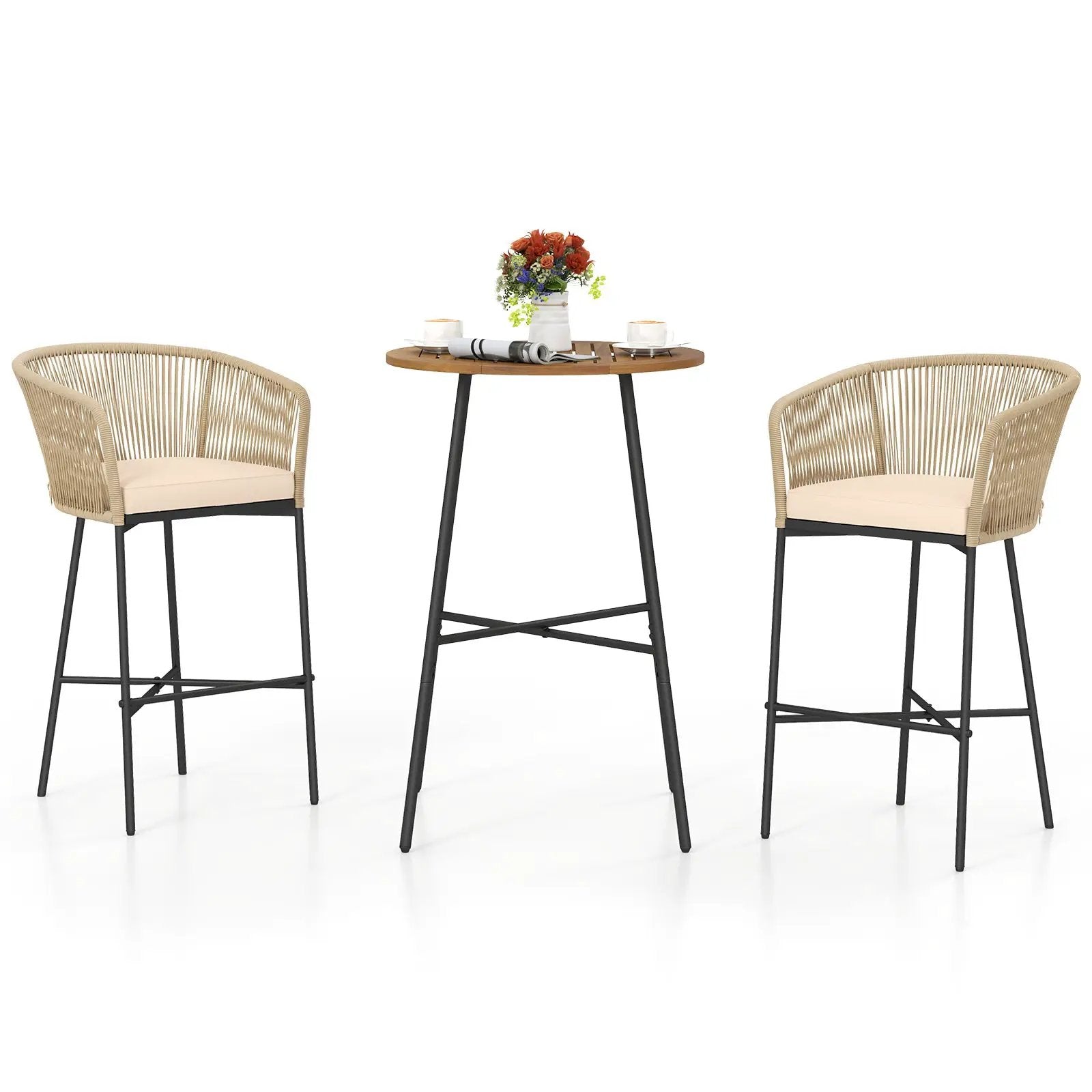 3 Pieces Rope Woven Patio Bar Set with Soft Cushions and Acacia Wood Tabletop-Beige by DirectDeals