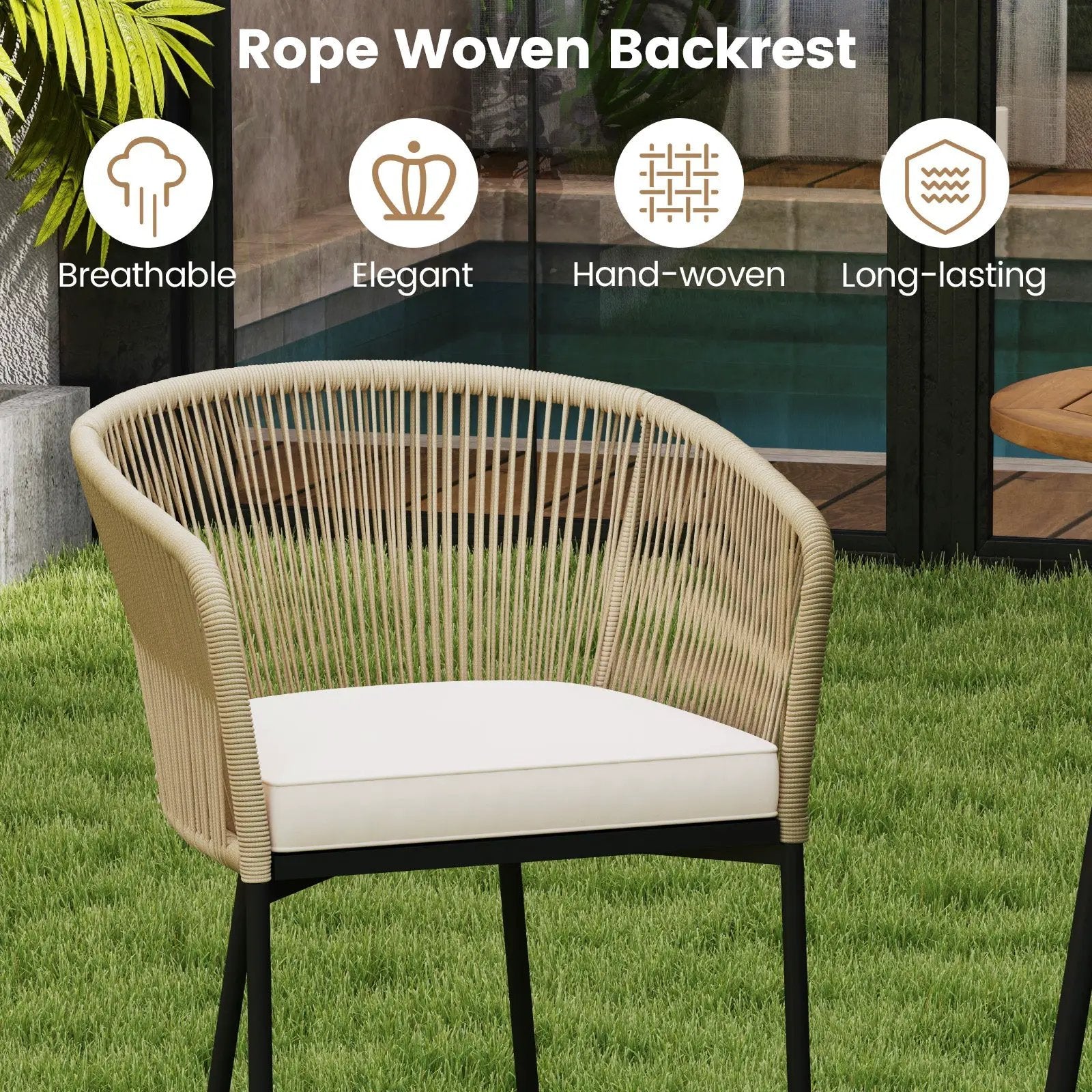3 Pieces Rope Woven Patio Bar Set with Soft Cushions and Acacia Wood Tabletop-Beige by DirectDeals